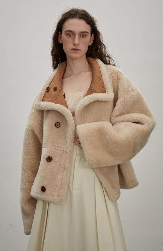 Fireladyfur Women's Faux Leather Shearling Jacket - Long Reversible Wool Coat Christmas Elk Design