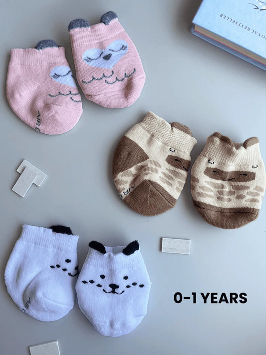 Air Garb baby combo socks for infants 0-1 years; a 6-pair collection of soft cotton socks featuring pink owl, brown giraffe, white puppy, and colorful flower designs in mint, yellow, and pink.