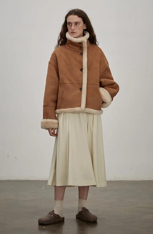 Fireladyfur Women's Faux Leather Shearling Jacket - Long Reversible Wool Coat Christmas Elk Design