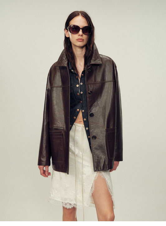 Firelady Fur Women‘s Leather Biker Jacket in British Imported Vintage Waxed Lambskin “Heartland Echo”