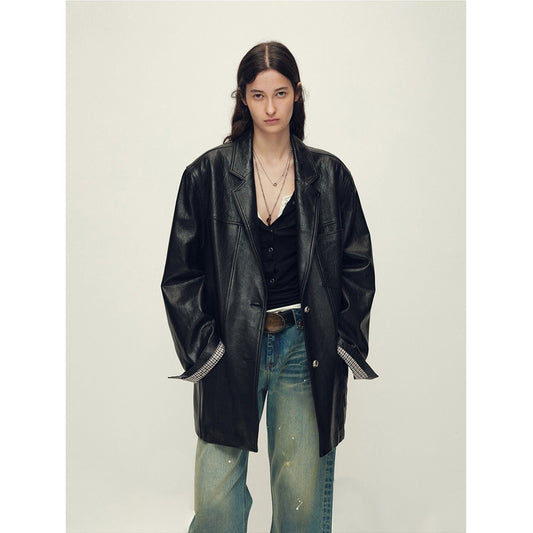 Firelady Fur Women‘s Genuine Lambskin Leather Jacket - Imported Vegetable-Tanned Suede, “Oversized Leather Blazer”