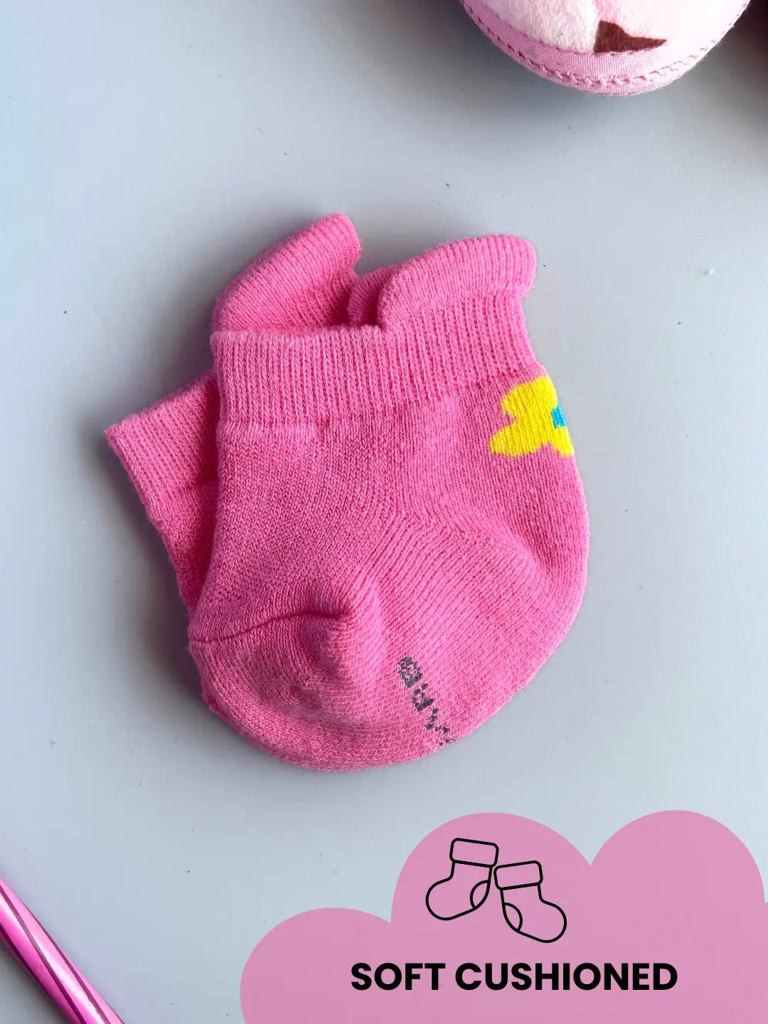 Air Garb baby combo socks for infants 0-1 years; a 6-pair collection of soft cotton socks featuring pink owl, brown giraffe, white puppy, and colorful flower designs in mint, yellow, and pink.